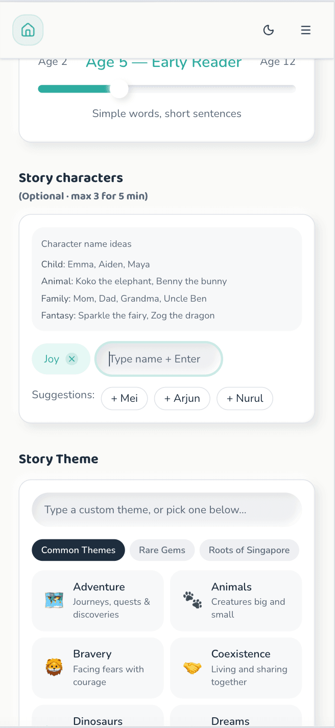 Epitant story form showing age slider, a character name, and the story theme picker