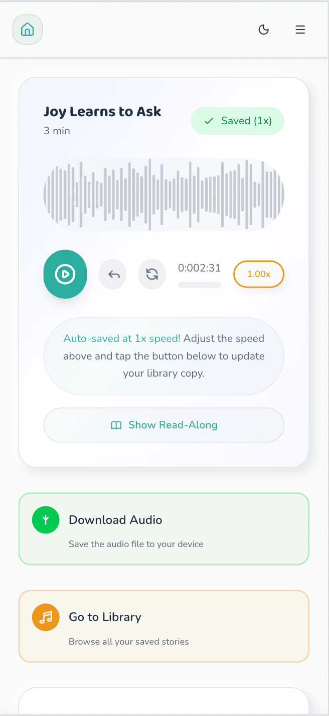 A finished Epitant audio story with waveform player, ready to play or download